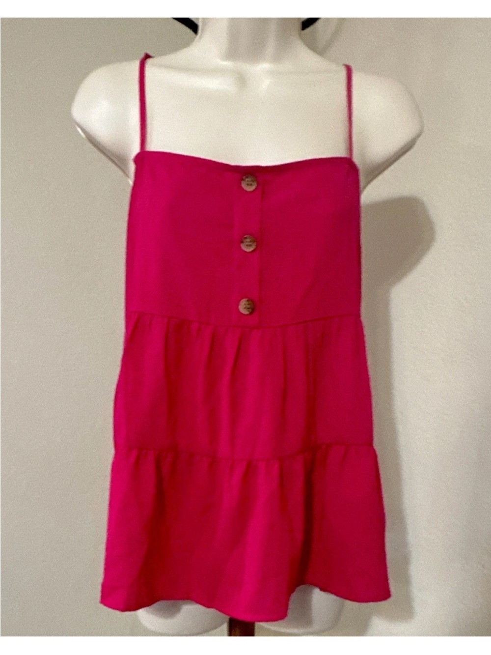 Paper Crane Hot Pink Tiered Spaghetti Strap Dress with Buttons